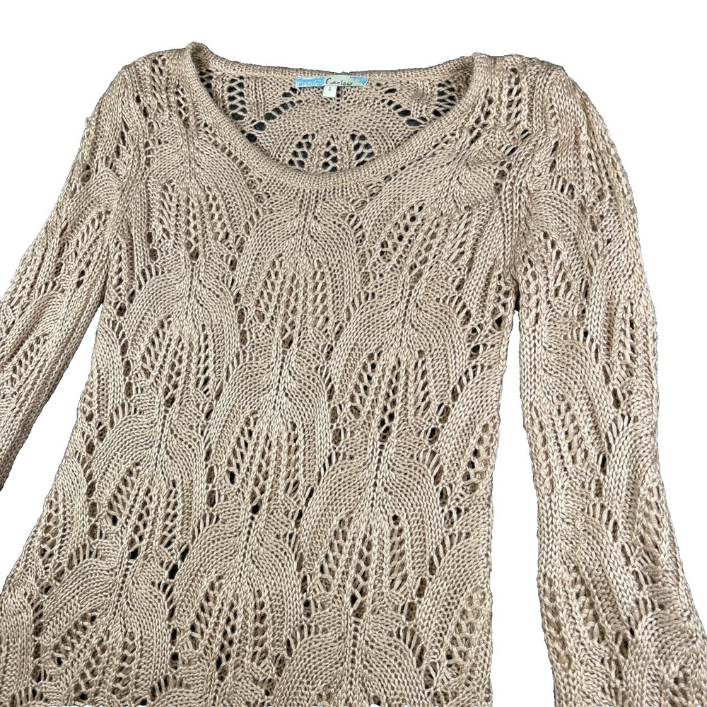 Cecico Sweater Womens Small Beige Crochet Knit Scalloped Edge Bell Sleeve Winter